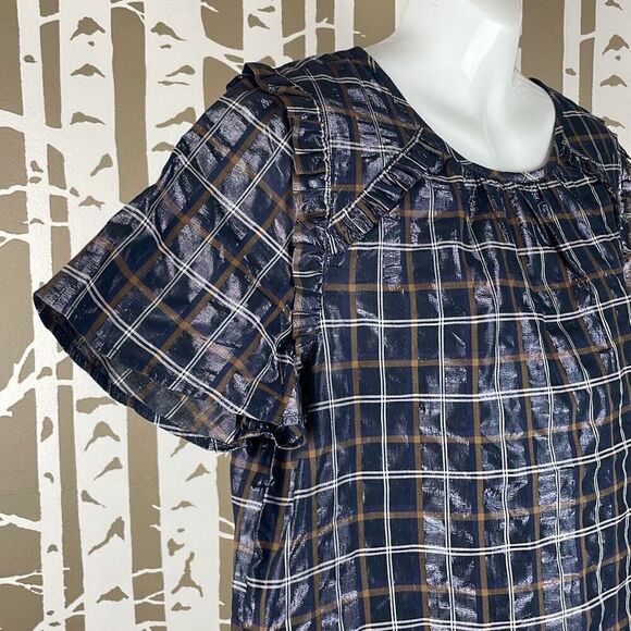 LOFT Metallic Finish Plaid Short Sleeve Blouse NEW L - Picture 2 of 7